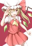  blonde_hair bow fang flandre_scarlet hand_on_own_head hat hat_bow kuroganeruto one_eye_closed red_eyes side_ponytail solo touhou wings 