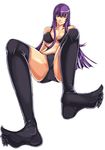  blue_eyes bra busujima_saeko feet highschool_of_the_dead long_hair nero_lee panties purple_hair smirk soles solo thighhighs thighs underwear underwear_only white_background 