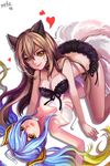  :d ahri all_fours animal_ears black_bra black_panties blue_hair bra breasts brown_hair cleavage collarbone downblouse fox_ears fox_tail girl_on_top hanging_breasts heart large_breasts league_of_legends looking_at_viewer lying multiple_girls multiple_tails on_back open_mouth panties parted_lips simple_background sinbe smile sona_buvelle straddling tail underwear whisker_markings white_background white_bra white_panties yellow_eyes yuri 