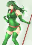  bare_shoulders belt bracelet breasts elbow_gloves en_(paorasuteki) fire_emblem fire_emblem:_monshou_no_nazo gloves green_eyes green_hair green_legwear green_skirt headband jewelry large_breasts long_hair paola pegasus_knight skirt smile solo thighhighs zettai_ryouiki 