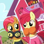  amber_eyes anthro apple_bloom_(mlp) babs_seed_(mlp) barn bow boxing boxing_gloves cub duo equine female friendship_is_magic fur green_eyes hair horse madmax mammal my_little_pony outside pony red_hair two_tone_hair yellow_fur young 