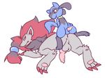  anus balls barefoot erection gay lying male nintendo on_stomach penis plain_background pok&#233;mon pok&eacute;mon riolu shugowah size_difference small_dom_big_sub tongue tongue_out video_games white_background zoroark 