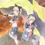  1boy 1girl blonde_hair blue_eyes child fingerless_gloves flag gloves goggles hat headgear kagamine_len kagamine_rin ma_na_roo 