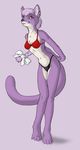  4_toes bikini bow braided_hair breasts cat clothing ear_piercing feline female fur hair hair_bow kasedries long_hair looking_at_viewer mammal navel piercing pink_background pink_hair plain_background purple_fur small_breasts smile solo standing swimsuit tight_clothing white_fur yellow_eyes 