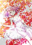  autumn bad_id bad_pixiv_id bare_shoulders choker dress frilled_dress frills hair_ribbon kaname_madoka mahou_shoujo_madoka_magica on_ground pink_hair red_eyes ribbon short_hair smile solo sundress tori_(ritcrover) twintails 