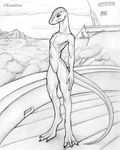  3_toes ambiguous_gender cloud clouds forest kasedries lizard long_tail looking_at_viewer monochrome mountain nude outside plain_background reptile river scalie sketch sky standing tree white_background 