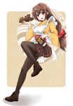  :d apron black_legwear blush boots brown_hair coffee cup fuuma_nagi hair_ornament hairclip highres japanese_clothes long_hair milk_carton open_mouth pantyhose red_eyes revision shoes smile snowflake_hair_ornament solo teacup thighband_pantyhose tray waitress yukico-tan yukijirushi 