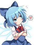  annoyed blue_eyes blue_hair blush bow cirno commentary crossed_arms do_(4-rt) dress hair_bow heart highres looking_away short_hair solo spoken_heart touhou tsundere wings 