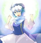  blue_eyes blue_hair brooch hat jewelry letty_whiterock neko_ni_chikyuu open_mouth scarf short_hair solo touhou 