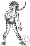  anthrosaur anthrosaurs black_and_white breasts claws clothing denim dinosaur female looking_at_viewer monochrome plain_background predaguy reptile scalie shirt shorts tank_top 