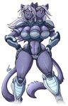  armor breasts cat cleavage clothed clothing feline female fingerless_gloves fur gloves grey_fur hair jaeh long_hair mammal multi_breast multi_head navel plain_background red_eyes skimpy smile solo standing thick_thighs thighs unconvincing_armor white_background white_hair 