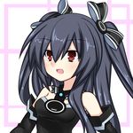  :d bare_shoulders black_hair blush bow breasts choujigen_game_neptune_mk2 elbow_gloves gloves hair_ornament hair_ribbon long_hair meimu_(infinity) neptune_(series) open_mouth red_eyes ribbon simple_background small_breasts smile solo two_side_up uni_(choujigen_game_neptune) upper_body 