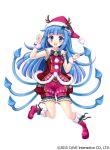  1girl :d antlers bangs bell blue_eyes blue_hair blunt_bangs full_body gothic_wa_mahou_otome hand_up hat holly long_hair looking_at_viewer official_art open_mouth plaid red_footwear red_hat red_shorts santa_hat shorts simple_background smile solo tentacle_hair tokinon very_long_hair white_background wristband 