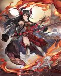  1girl architecture bare_shoulders black_gloves black_hair breasts china_dress chinese_clothes dress east_asian_architecture elbow_gloves fire flower glint gloves hair_flower hair_ornament holding holding_sword holding_weapon horns jacket jacket_removed long_hair looking_at_viewer original outdoors red_dress red_eyes redamon small_breasts smile solo standing sword thighhighs very_long_hair weapon white_legwear yellow_footwear 