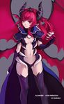  aisha_(elsword) alternate_eye_color alternate_hair_color artist_name bad_id bad_pixiv_id black_legwear cape center_opening claws copyright_name demon_girl elsword gloves grey_background highres horns long_hair red_cape red_eyes red_hair smile solo swd3e2 thighhighs wings 