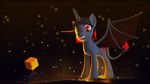  3d bat_wings cube equine expir horn horse mammal my_little_pony original_character pony red_eyes slit_eyes spread_wings unicorn widescreen wings 