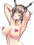  armpits arms_behind_head blush breasts brown_hair covered_nipples green_eyes headgear heart_pasties kantai_collection large_breasts looking_at_viewer mutsu_(kantai_collection) nude one_eye_closed open_mouth pasties perky_breasts short_hair solo sweat ulrich_(tagaragakuin) upper_body white_background 