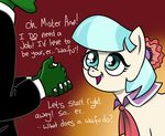  anon blue_eyes catfood-mcfly coco_pommel_(mlp) dialog equine female friendship_is_magic fur horse human mammal my_little_pony pony suit text two_tone_hair white_fur 