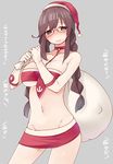  bad_id bad_pixiv_id bespectacled blush bra braid breasts brown_hair glasses gloves green_eyes groin hat kantai_collection large_breasts long_hair looking_at_viewer midriff navel nekoume noshiro_(kantai_collection) sack santa_costume santa_hat skirt translated twin_braids underwear white_gloves 