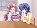  2girls ayane_(shimai_don) blue_hair chair game_cg maaya_(shimai_don) multiple_girls pink_hair shimai_don~shirudaku_de~ short_hair table 