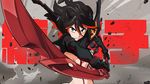  1girl background_message black_hair blue_eyes breasts explosion highres kanji kill_la_kill matoi_ryuuko midriff multicolored_hair red_hair revealing_clothes school_uniform scissor_blade senketsu short_hair skirt solo sword thighhighs two-tone_hair wallpaper weapon 