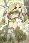  armor bare_shoulders blonde_hair blue_eyes earrings elbow_gloves elf forest frills gloves highres jewelry kimura_shigetaka long_hair looking_at_viewer nature navel original pointy_ears smile solo tree 