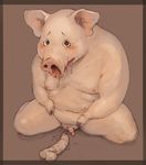  brown_background brown_eyes crying cum dildo drooling invalid_tag looking_at_viewer male mammal nasal_sex nipples nude open_mouth penis pig pink_skin plain_background porcine saliva sansh sex_toy small_balls small_penis snot solo stretching 