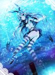  akaza bubble crop_top crop_top_overhang elbow_gloves feet gloves highres kantai_collection long_hair looking_at_viewer midriff navel no_shoes rensouhou-chan revision shimakaze_(kantai_collection) skirt socks soles sparkle striped striped_legwear thighhighs toes underwater wet wet_clothes 