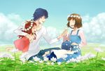  2girls ame_(ookami_kodomo) animal_ears animal_nose beard blue_eyes brown_hair cloud collarbone day dress facial_hair family fang father_and_daughter flower furry grass habuki hana_(ookami_kodomo) head_wreath holding holding_flower lying mother_and_son multiple_boys multiple_girls nature ookami_kodomo_no_ame_to_yuki ookami_otoko pants red_hair shirt sky smile white_shirt wolf_ears yuki_(ookami_kodomo) 