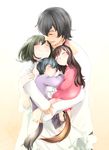  2girls ame_(ookami_kodomo) animal_ears bangs beard black_hair blue_hair brown_hair closed_eyes cream_(nipakupa) dress facial_hair family father_and_daughter father_and_son hana_(ookami_kodomo) highres hug long_hair messy_hair mother_and_daughter mother_and_son multiple_boys multiple_girls ookami_kodomo_no_ame_to_yuki ookami_otoko shirt short_hair siblings sleeping smile swept_bangs tail white_dress white_shirt wolf_ears wolf_tail yuki_(ookami_kodomo) 