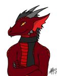  aarkangel anthro claws dragon fur horn looking_at_viewer male pose red_scales scarf solo yellow_eyes 