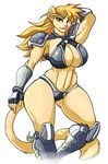  armor blonde_hair breasts cleavage clothed clothing feline female fingerless_gloves fur gloves green_eyes hair jaeh lion long_hair looking_at_viewer mammal navel pink_nose smile solo standing thick_thighs thighs unconvincing_armor yellow_fur 