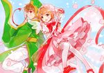  1girl brown_eyes brown_hair cardcaptor_sakura dress fuuin_no_tsue green_eyes hat kinomoto_sakura li_xiaolang magical_girl momose_(oqo) pink_hat short_hair sword thighhighs weapon wings 