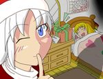  alice_margatroid bed blue_eyes borapy box calendar_(object) chest_of_drawers cursive drooling english face finger_to_mouth gift gift_box hat indoors looking_at_viewer mirror multiple_girls one_eye_closed rug santa_hat shadow shinki side_ponytail silver_hair sleeping touhou touhou_(pc-98) under_covers wooden_floor 