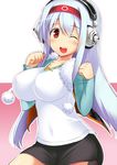  ;d bike_shorts blush breasts casual cosplay gradient gradient_background hairband headphones jewelry kantai_collection large_breasts long_hair mocchi necklace one_eye_closed open_mouth red_eyes shirt shoukaku_(kantai_collection) silver_hair smile solo super_sonico super_sonico_(cosplay) white_background 