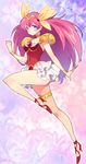  angel_peach bare_legs blue_eyes bow brooch choker full_body hair_bow hanasaki_momoko heart jewelry long_hair magical_girl pauldrons pink_hair purple_background shoes skirt smile solo taki_(nakochan) tiara wedding_peach wings yellow_bow 