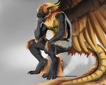  anthro balls biceps black_penis black_skin claws dragon ear_piercing erection eyrich feathers fur furred_dragon hair horn male mane markings muscles noodledoodle northern_dragon nude pecs penis piercing reptile sandalf scales scalie simple_background sitting solo thinker_pose toe_claws tuft wings yellow_skin 