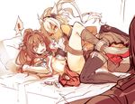  2girls bad_id bad_pixiv_id blonde_hair breast_padding breasts brown_hair cis_(carcharias) dark_skin glasses kantai_collection long_hair medium_breasts midriff multiple_girls musashi_(kantai_collection) on_bed pointy_hair ponytail red_eyes thighhighs twintails yamato_(kantai_collection) yuri 