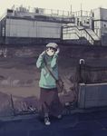  bad_id bad_pixiv_id bag brown_hair building casual hair_ornament hairclip hand_on_own_head hanno hat highres iwakura_lain long_skirt messenger_bag oversized_clothes scenery serial_experiments_lain shoes short_hair shoulder_bag skirt sneakers solo stairs 