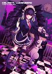  analog_clock bad_id bad_pixiv_id black_hair black_legwear blood blood_splatter bonnet card celestia_ludenberck character_name checkered checkered_floor clock cup danganronpa danganronpa_1 drill_hair dutch_angle gothic_lolita highres light_smile lolita_fashion long_hair merontomari monokuma necktie pink_blood playing_card red_eyes revision roman_numerals spill teacup thighhighs twin_drills twintails 