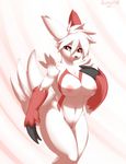  big_breasts breasts claws eyelashes female fur hand_on_breasts happy hi_res looking_at_viewer mongoose navel nintendo nipples nude plain_background pok&#233;mon pok&eacute;mon pussy raised_arm red_eyes redwolfxlll shadow sharp_claws shiny smile solo standing video_games white_background wide_hips zangoose 