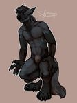  abs anthro biceps black_fur black_hair black_nipples black_nose black_pawpads blue_eyes blue_fur brown_hair canine claws crouching fangs fur hair looking_at_viewer male mammal muscles nipples nude pawpads paws pecs plain_background pose rokemi sheath solo standing teeth toe_claws tuft wolf 