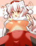  absurdres animal_ears bad_id bad_pixiv_id bare_shoulders belly blush breasts fang hajime_(ak-r) hat hat_ribbon highres inubashiri_momiji large_breasts no_bra open_mouth plump red_eyes ribbon shirt shirt_lift silver_hair skirt solo spoken_blush tail tokin_hat touhou underboob wolf_ears wolf_tail 