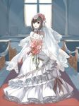  bare_shoulders blush bouquet breasts bridal_veil brown_hair dress elbow_gloves flower gloves green_eyes hair_ornament idolmaster idolmaster_cinderella_girls maekawa_miku medium_breasts short_hair smile solo veil wedding_dress yuura 