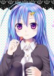  blue_hair blush borrowed_character candy food highres lollipop long_hair original purple_eyes revision senjou_kanade solo tsukino_neru 