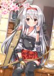  boots bow_(weapon) cherry_blossoms hairband japanese_clothes kantai_collection long_hair md5_mismatch muneate shoukaku_(kantai_collection) silver_hair smile solo suzuame_yatsumi thigh_boots thighhighs weapon 