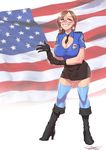  absurdres american_flag badge boots breasts brown_hair cleavage_cutout commentary earrings flag_background glasses gloves green_eyes grin high_heels highres huge_breasts jewelry melkor_mancin miniskirt name_tag necktie parted_lips short_hair signature skirt smile solo standing thighhighs transportation_security_administration zettai_ryouiki 