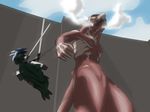  3d_gear 3d_maneuver_gear alien ambiguous_gender attack_on_titan blue_skin cape cloak clothed clothing cloud clouds hair long_hair monster muscles open_mouth outside petresko rope sepilian size_difference steam swinging sword teeth titan wall weapon 