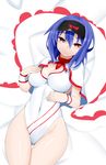  blue_hair blush breasts cleavage covered_navel hat kuroshiro_(ms-2420) large_breasts looking_at_viewer nagae_iku race_queen red_eyes shawl shiny shiny_skin short_hair smile solo thigh_gap touhou visor_cap wide_hips 