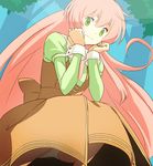  dress green_eyes haruyama_kazunori jinrui_wa_suitai_shimashita long_hair looking_at_viewer panties pink_hair solo squatting underwear very_long_hair watashi_(jintai) white_panties 